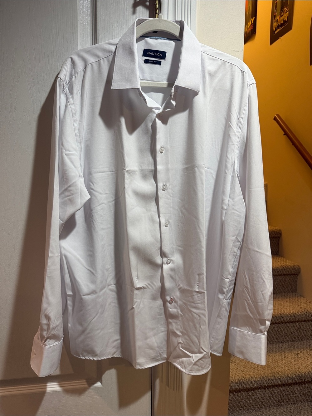 XL Nautica White Long-Sleeve Dress Shirt Slim Fit (17-17.5 - 34/35 )